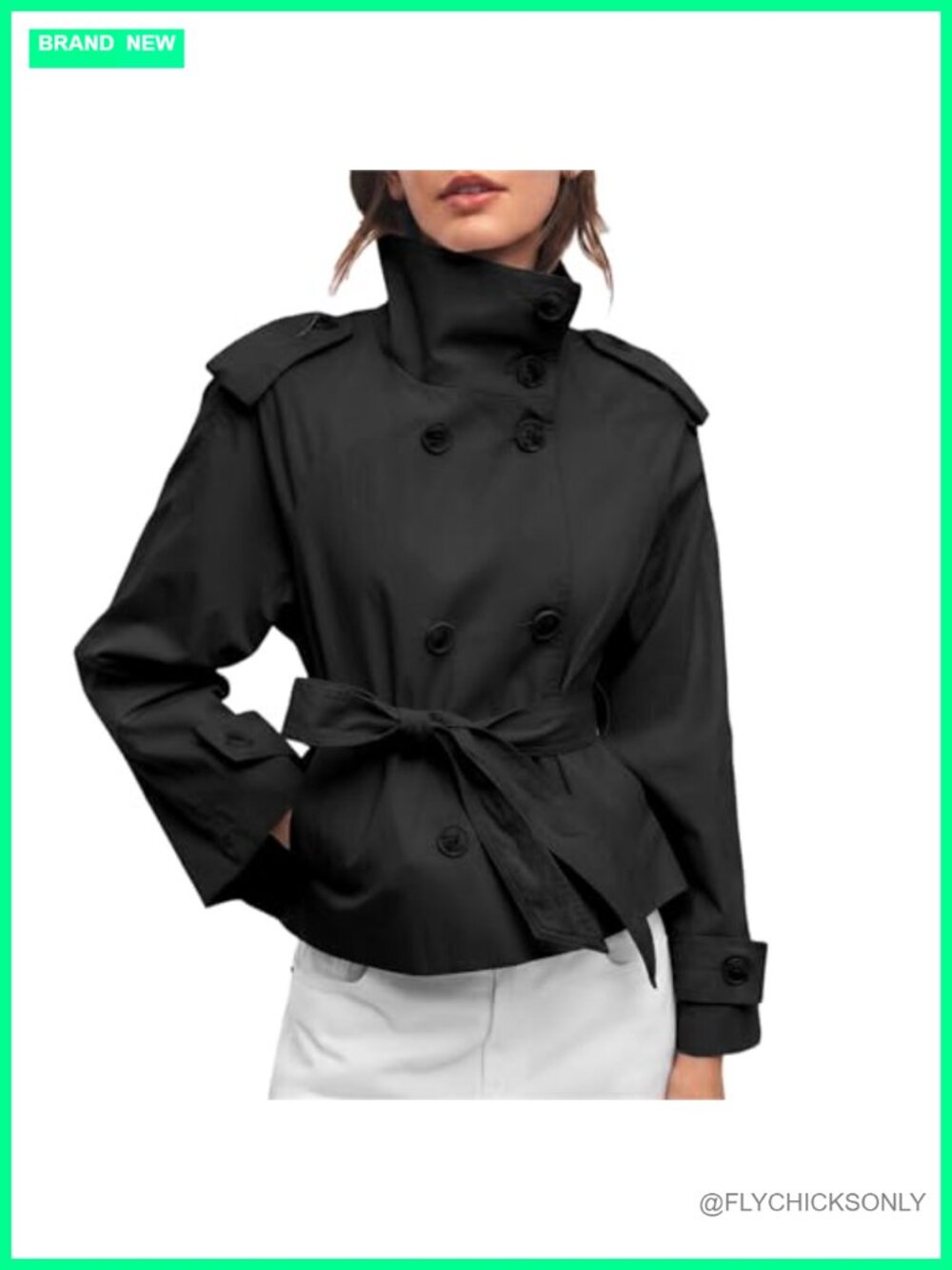 Womens Cropped Trench Coat Double Breasted Belted Polyester Blend Jacket
